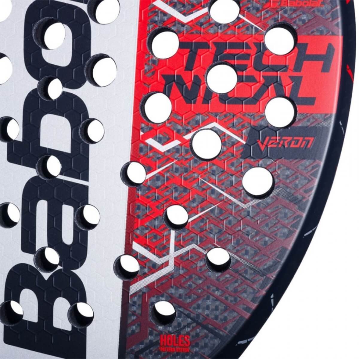 Babolat Technical Veron 2025 padelracket met diamantvormig blad en rode, zwarte en zilveren accenten close-up slagoppervlak