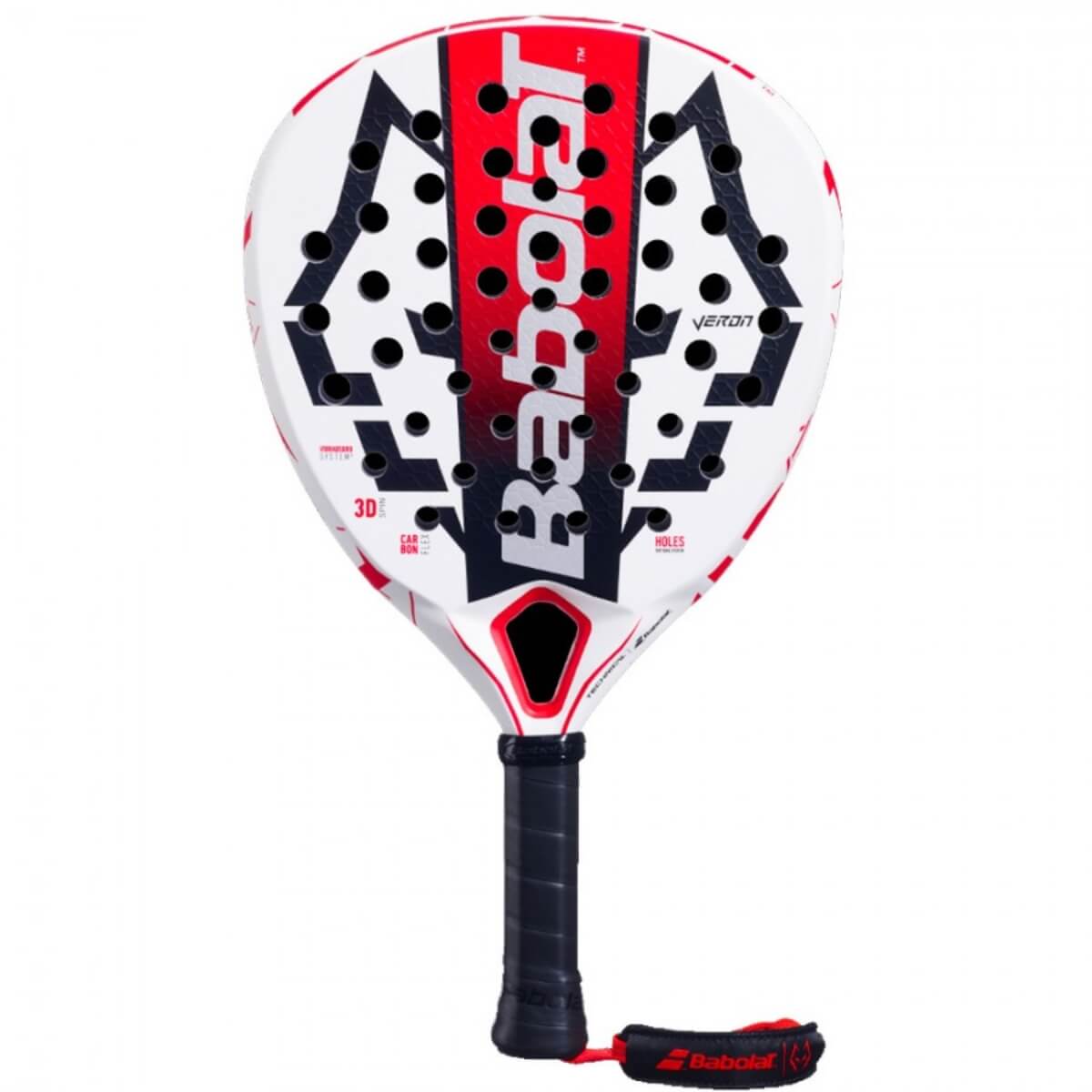 Babolat Technical Veron Juan Lebron 2025 witte padelracket met diamantvormig blad en rodeen zwarte accenten vooraanzicht