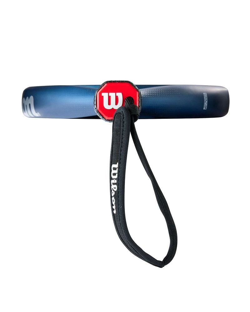 Onderaanzicht Wilson Endure V1: rond controle-padelracket met lage balans, Y-Bridge design en hybride slagvlak. Donkerblauw kader met lichtblauw Wilson logo.