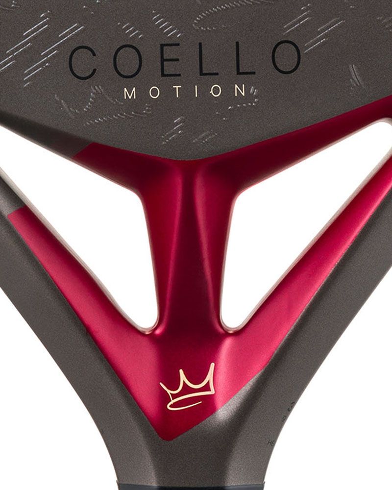 Detail kader Head Coello Motion 2026 donker grijs padel racket met zwart Head logo en rode accenten.