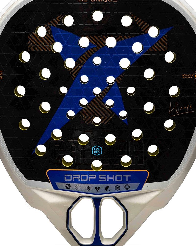 Detail slagoppervlak Drop Shot Explorer Pro Attack 2.0 2026 – wit kader met zwart slagoppervlak en felblauw Drop Shot logo