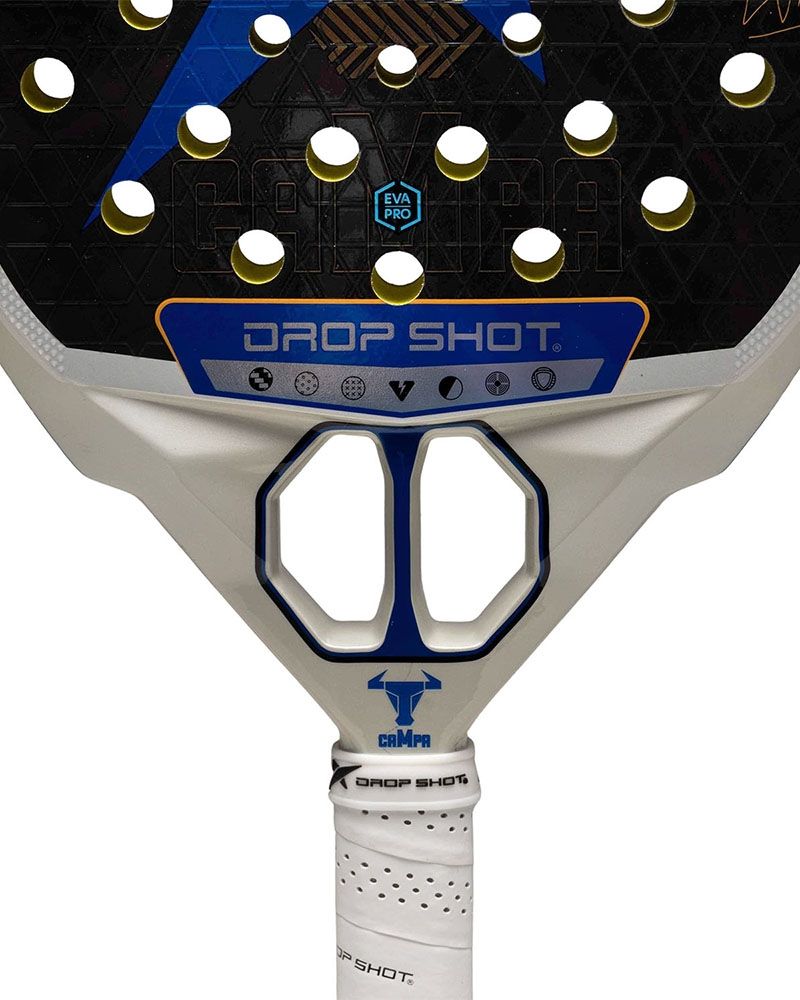 Detail kader Drop Shot Explorer Pro Attack 2.0 2026 – wit kader met zwart slagoppervlak en felblauw Drop Shot logo