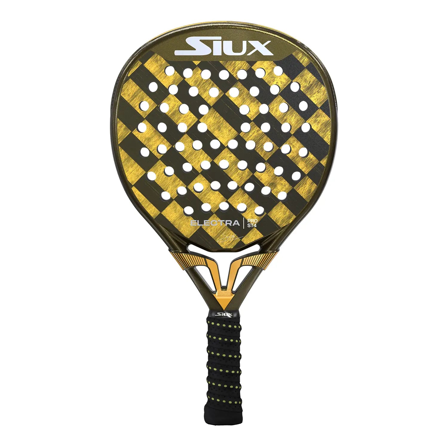Vooraanzicht Siux Electra Stupa Pro ST4 2025 padelracket – Franco Stupaczuk Edition. Hybride vorm met 15K Carbon en zandafwerking voor spin en power.