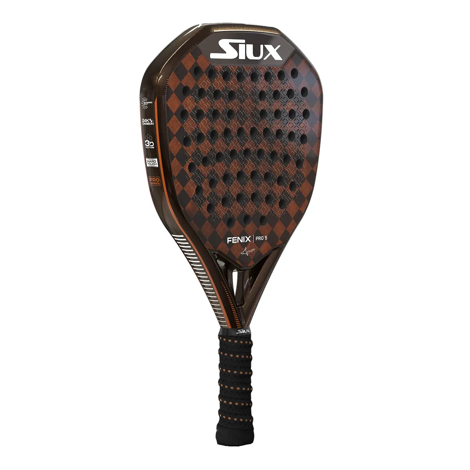 Schuin vooraanzicht Siux Fenix Pro 5 2025 padelracket – Álex Chozas Edition. Diamantvorm met 24K Carbon, Hard EVA-kern en 3D-ruw oppervlak.