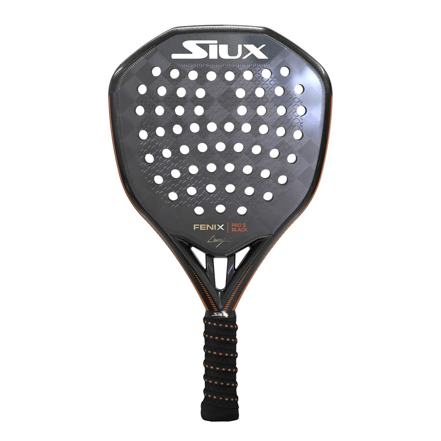 Vooraanzicht Siux Fenix Pro 5 Black 2025 padelracket – Leo Augsburger Edition. Diamantvorm met 24K Carbon, Black EVA-kern en 3D-oppervlak.