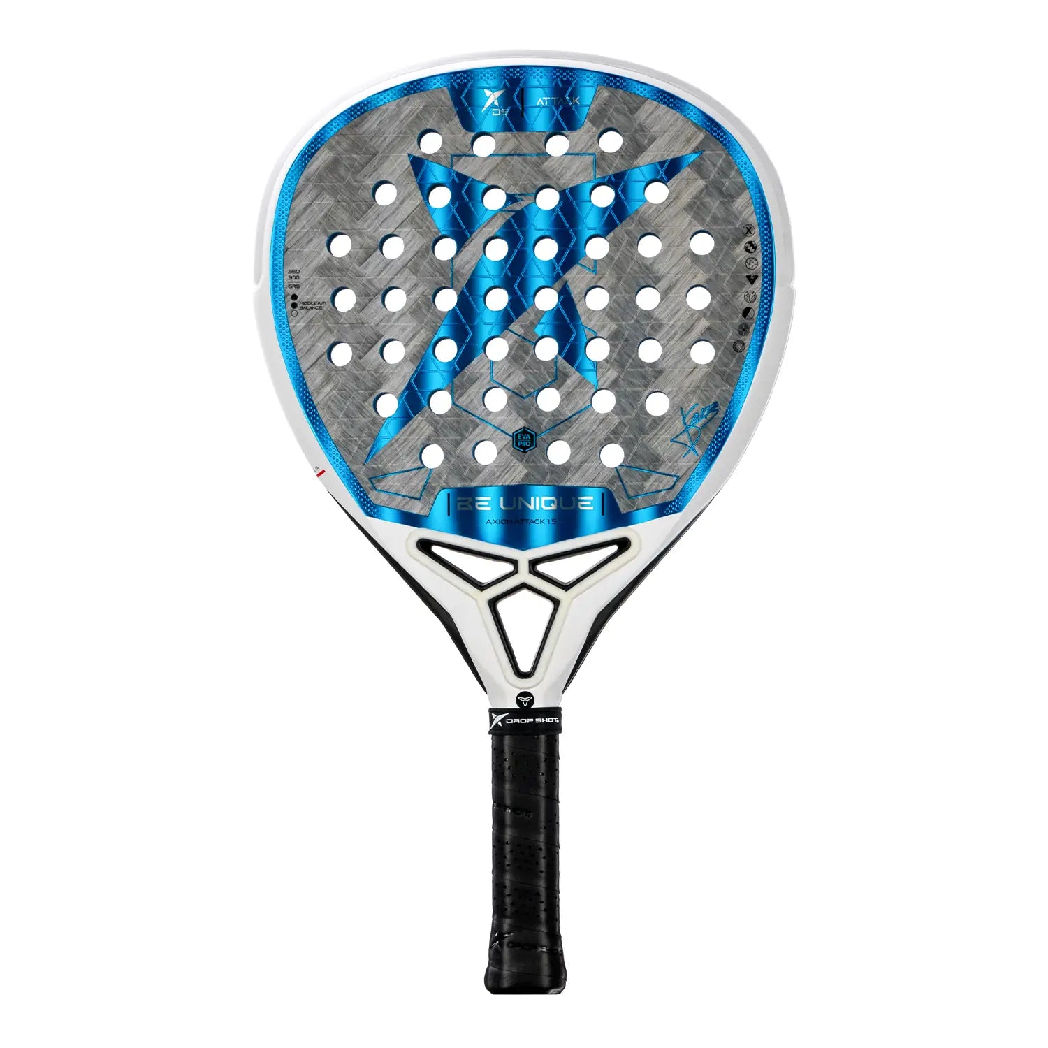 Vooraanzicht Drop Shot Axion Attack 1.5 padelracket – Jon Sanz Edition, traanvormig model met 24K Carbon Twill en EVA Pro-kern. Donker grijs slagoppervlak met felblauwe accenten.