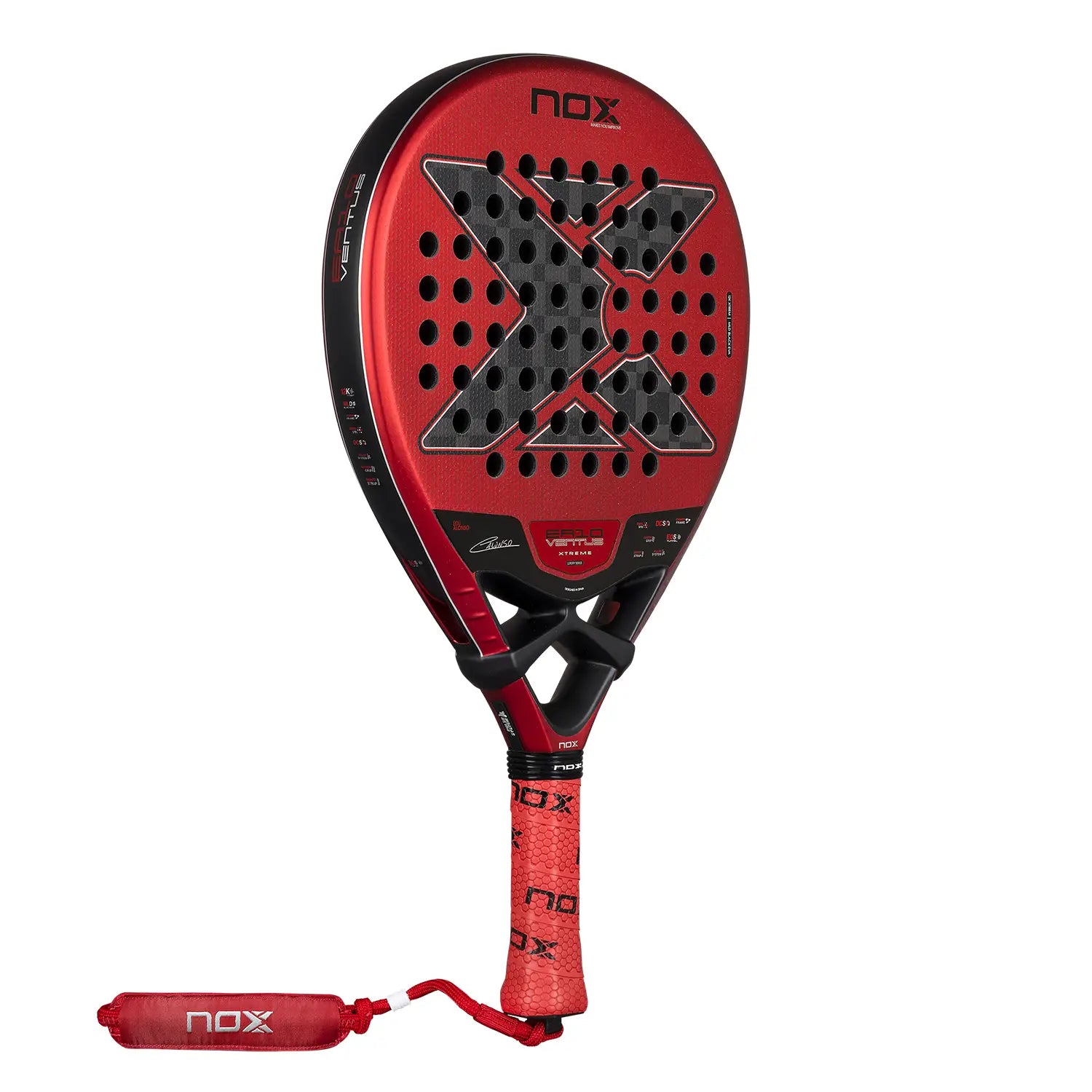 Schuin vooraanzicht Nox EA10 Ventus Hybrid 12K Xtreme 2026 – Edu Alonso Edition. Traanvormig padelracket met 12K Carbon, Multilayer Black EVA-kern en 3D Rough Surface voor veelzijdig en krachtig spel.
