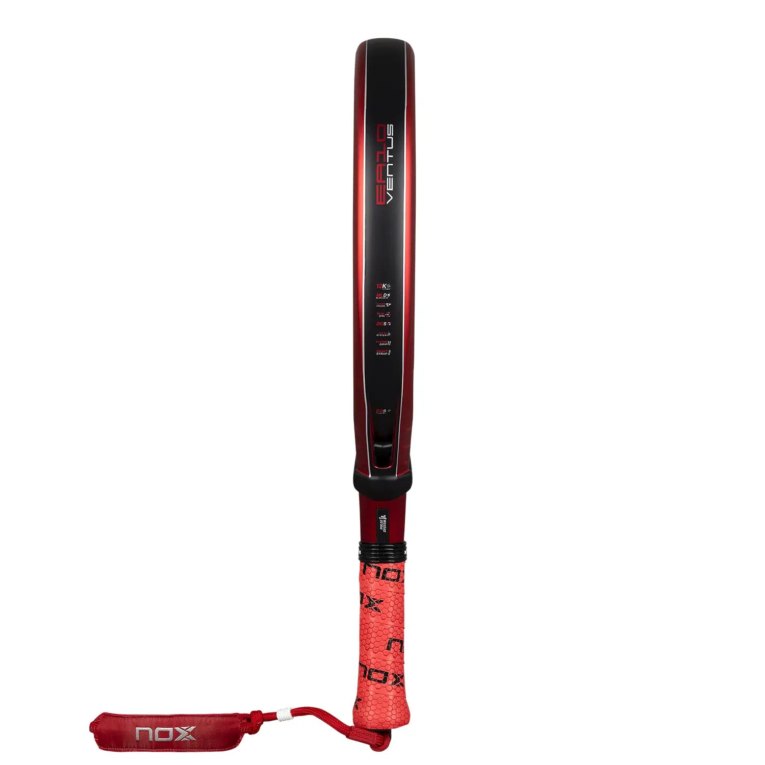 Zijaanzicht Nox EA10 Ventus Hybrid 12K Xtreme 2026 – Edu Alonso Edition. Traanvormig padelracket met 12K Carbon, Multilayer Black EVA-kern en 3D Rough Surface voor veelzijdig en krachtig spel.