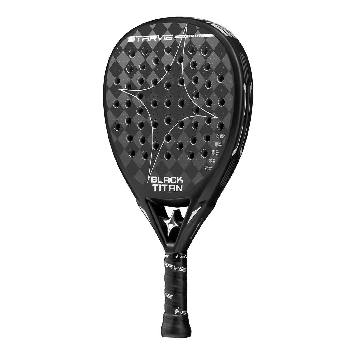 Schuin vooraanzicht StarVie Black Titan 2025 padelracket – hybride model met 24K Carbon Master, H-EVA Power-kern en ruwe Spin Boost-afwerking.
