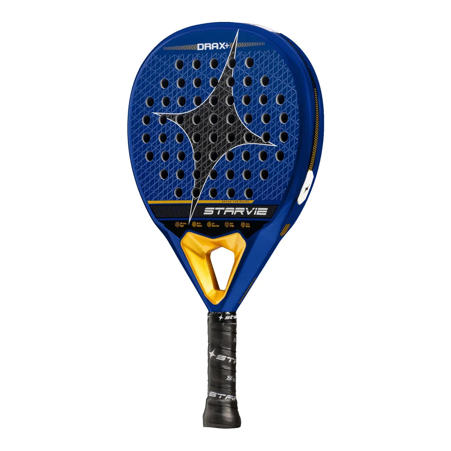 Schuin vooraanzicht StarVie Drax+ 2025 padelracket – traanvorm met 12K Carbon Hyper, M-EVA Balance-kern en ruwe Spin Boost-afwerking.