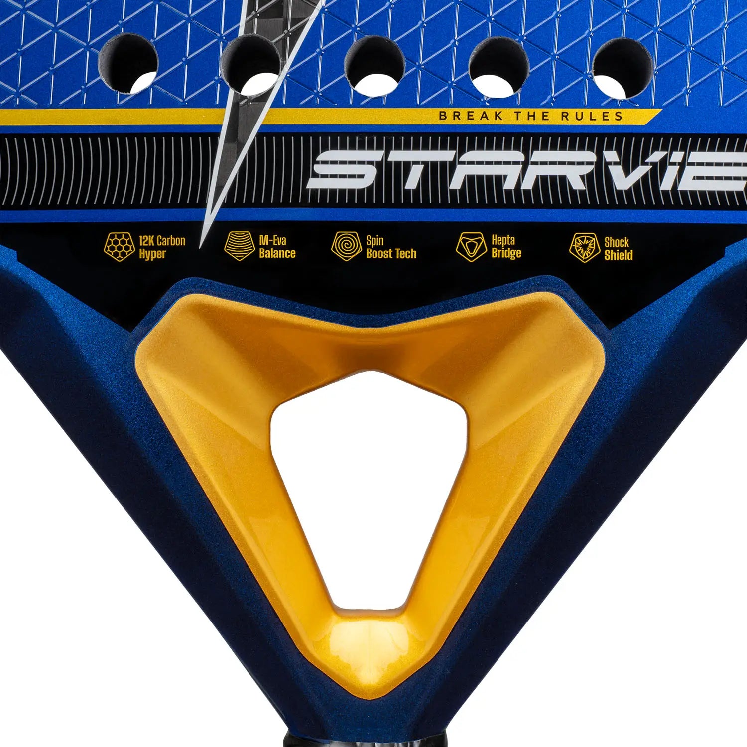 Detail StarVie Drax+ 2025 padelracket – traanvorm met 12K Carbon Hyper, M-EVA Balance-kern en ruwe Spin Boost-afwerking.
