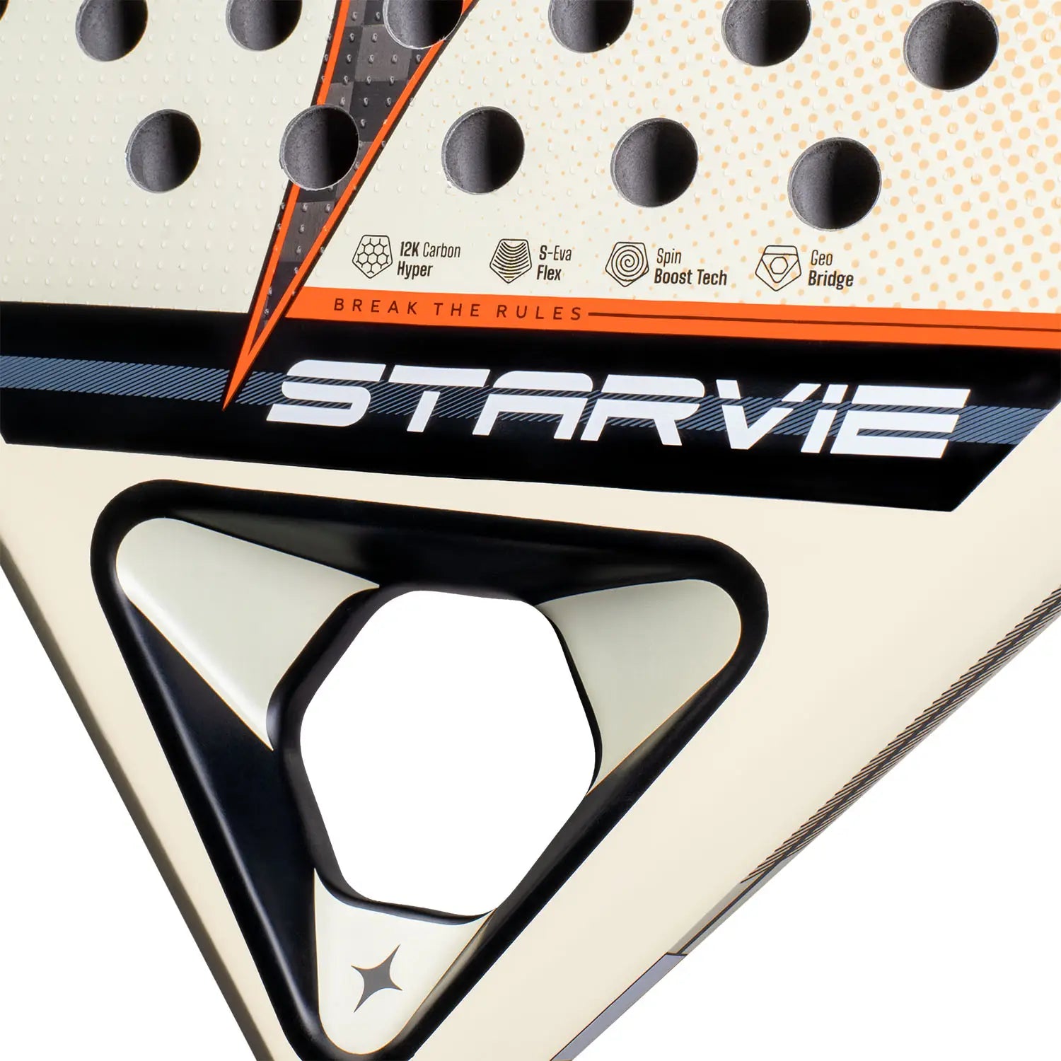 Detail StarVie Kenta+ 2025 padelracket – rond model met 12K Carbon Hyper, S-EVA Flex-kern en ruwe Spin Boost-afwerking.