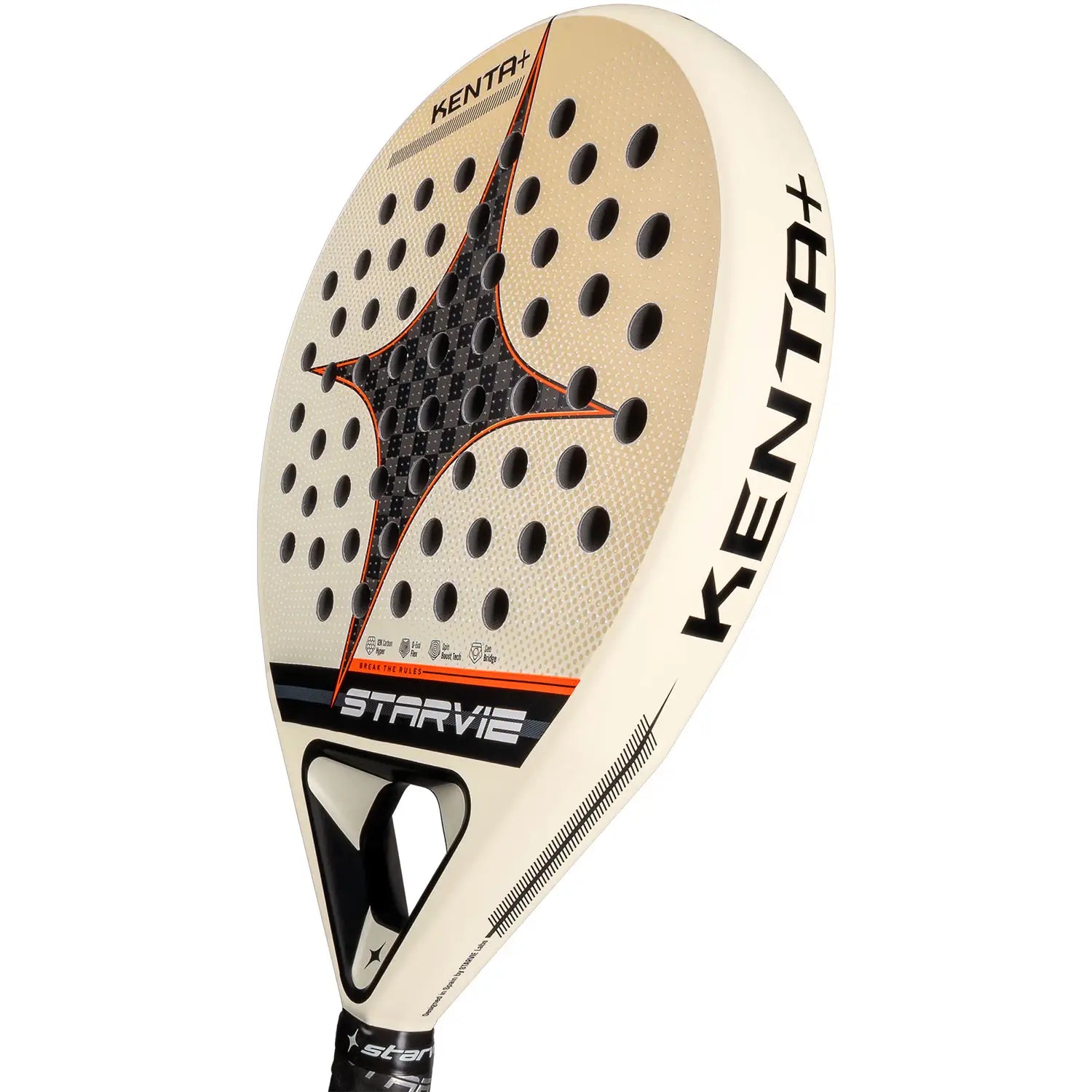 Detail StarVie Kenta+ 2025 padelracket – rond model met 12K Carbon Hyper, S-EVA Flex-kern en ruwe Spin Boost-afwerking.