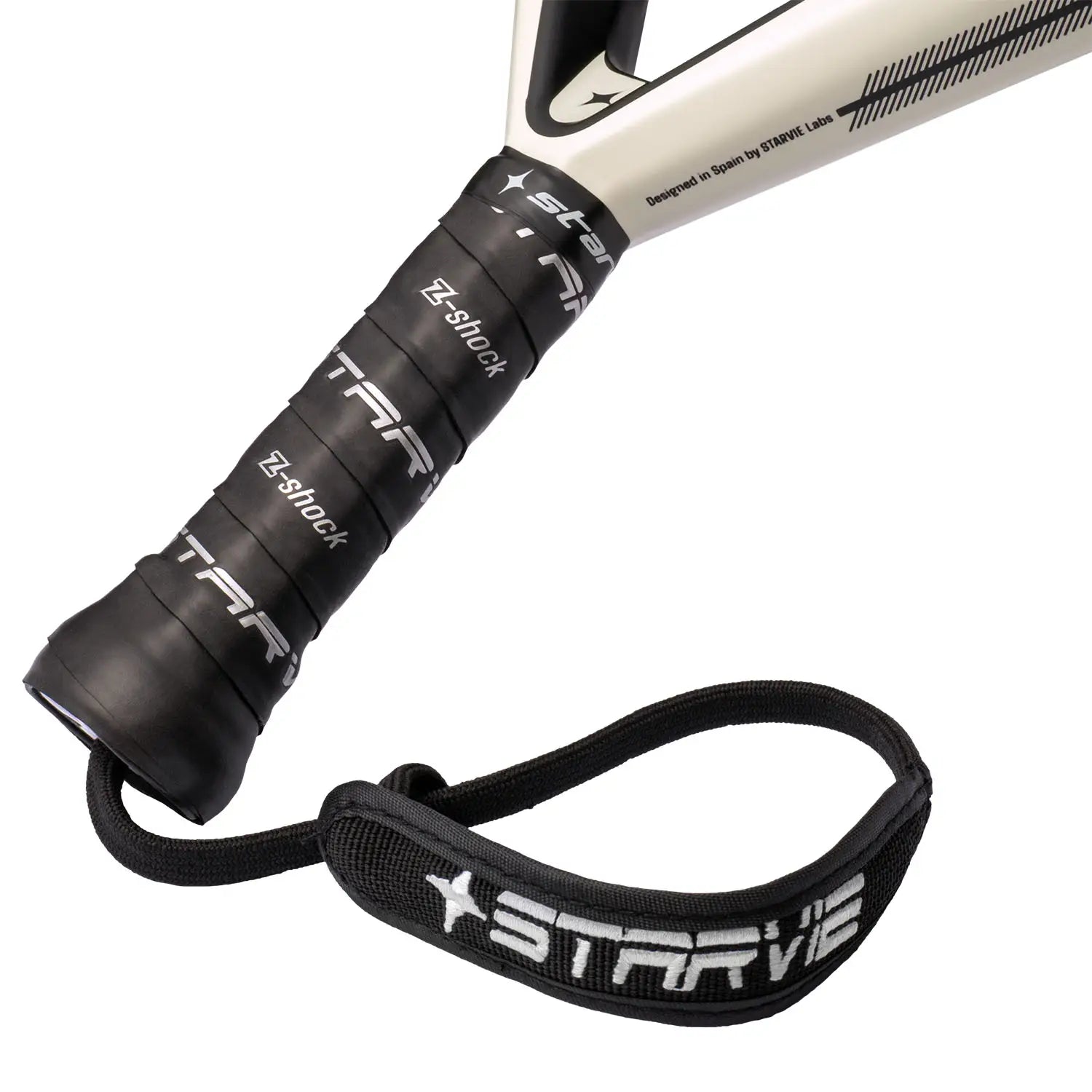 Handvat StarVie Kenta+ 2025 padelracket – rond model met 12K Carbon Hyper, S-EVA Flex-kern en ruwe Spin Boost-afwerking.