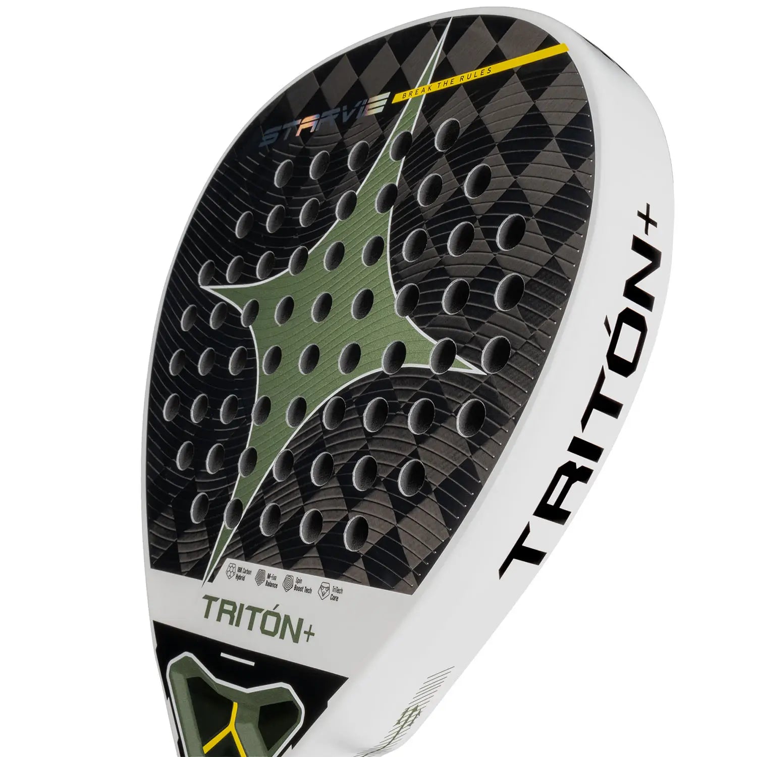 Slagoppervlak StarVie Triton Balance+ 2026 padelracket – diamantvorm met 18K Carbon Hybrid, M-EVA Balance en ruwe Spin Boost-afwerking.