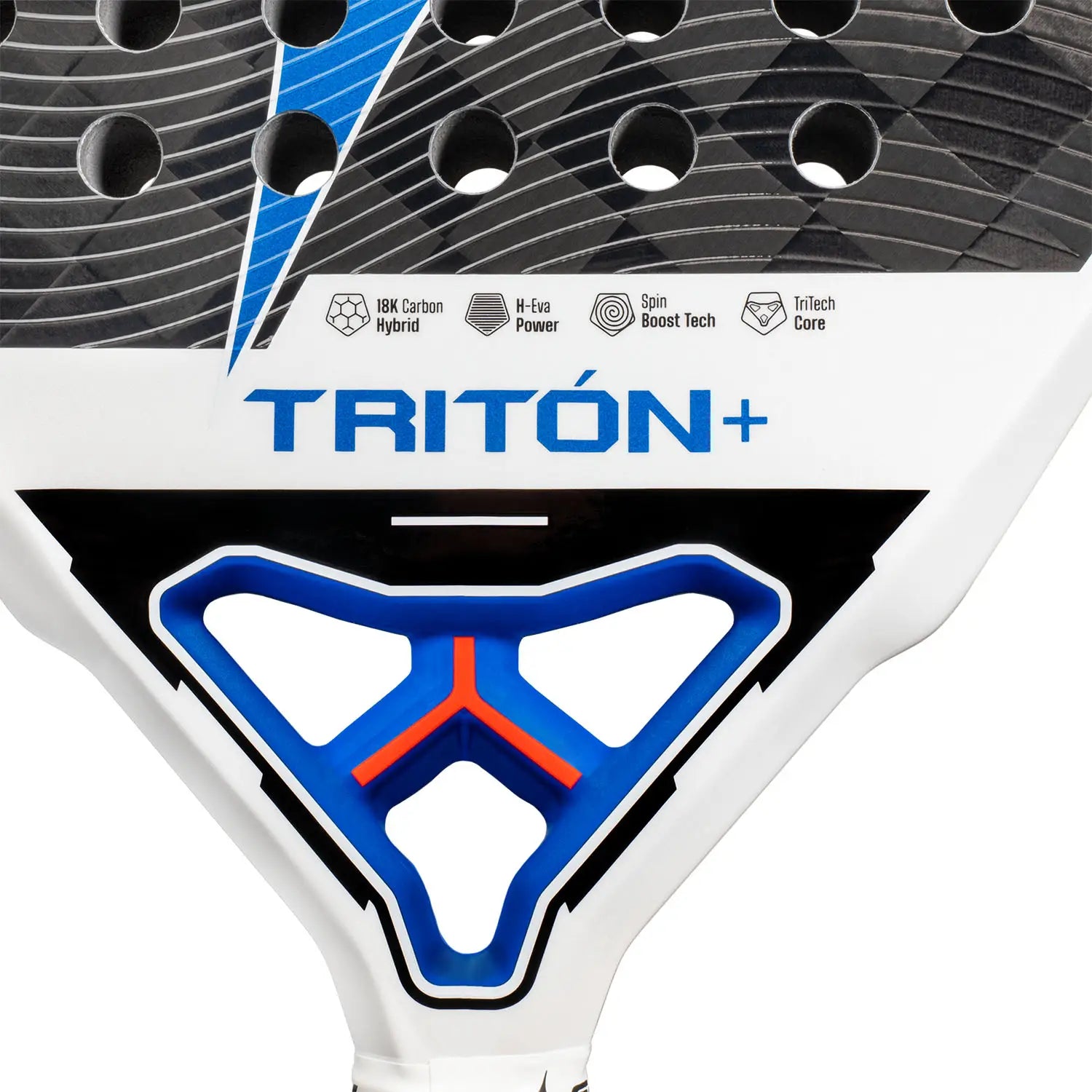 Detail StarVie Triton Power+ 2026 padelracket – diamantvormig model met 18K Carbon Hybrid, H-EVA Power-kern en ruwe Spin Boost-afwerking.
