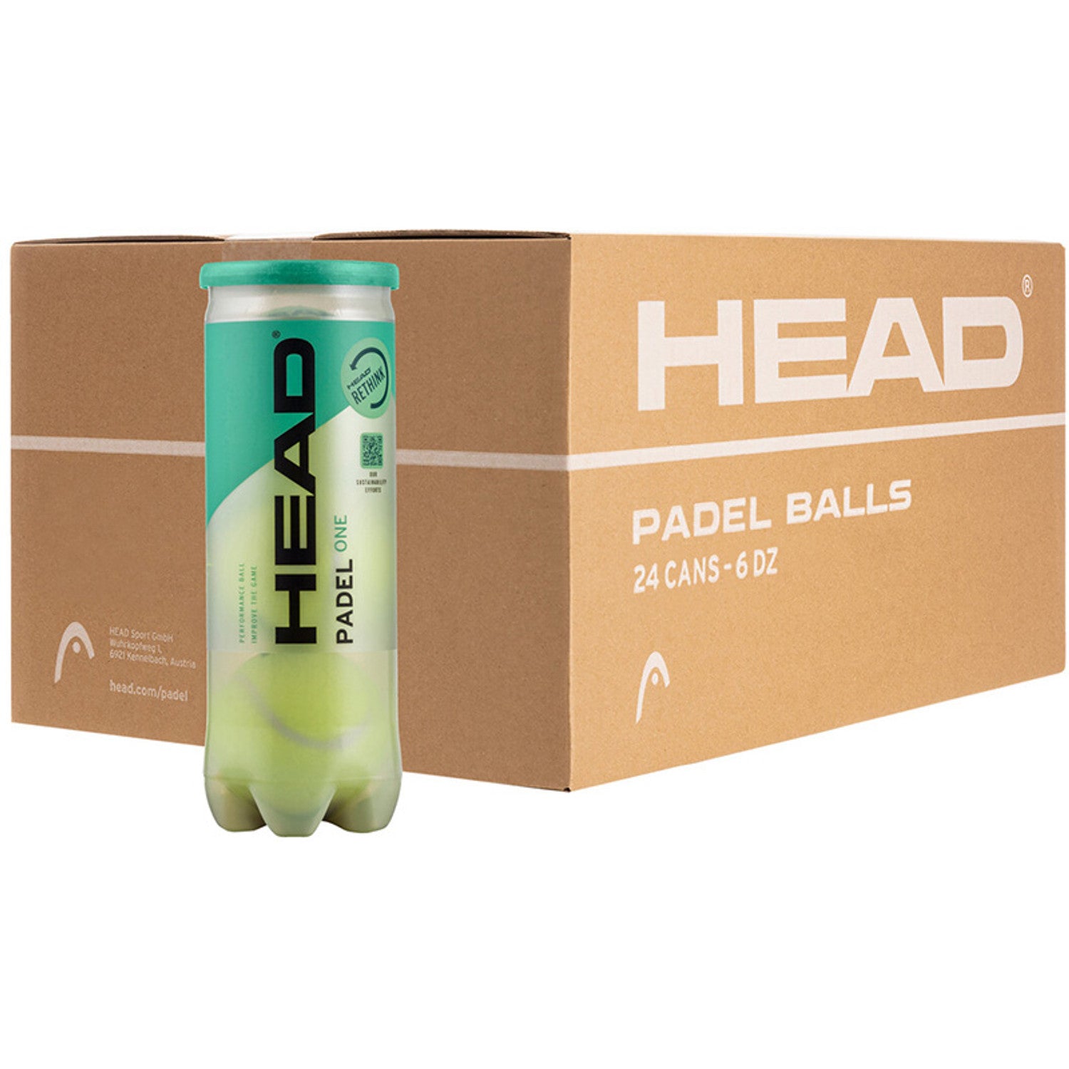 HEAD Padel One 24x3 St. – doos met 24 kokers van 3 padelballen. Duurzame, gebalanceerde ballen met recyclebare verpakking.
