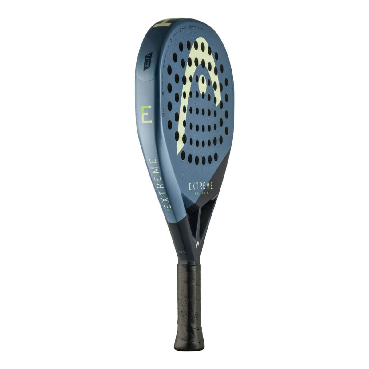 Schuin vooraanzicht Head Extreme Motion 2025 padelracket, diamantvormig grijs-geel design, lichter dan de Extreme Pro.