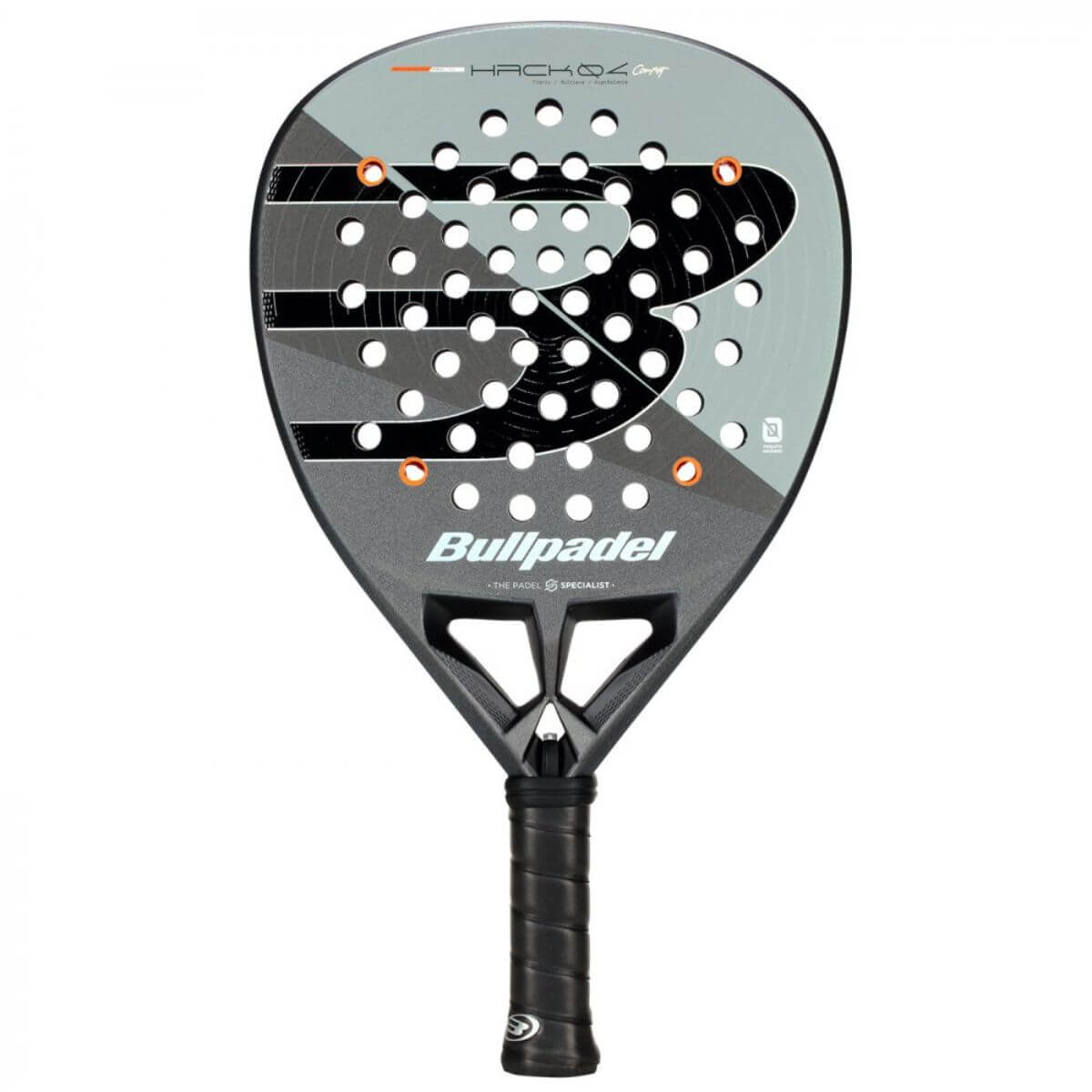 Vooraanzicht grijs/groene Bullpadel Hack 04 CMF 26 padelracket – diamantvorm met Fibrix-blad, Multieva-kern en 3D Grain. Explosief en snel voor aanvallende spelers.