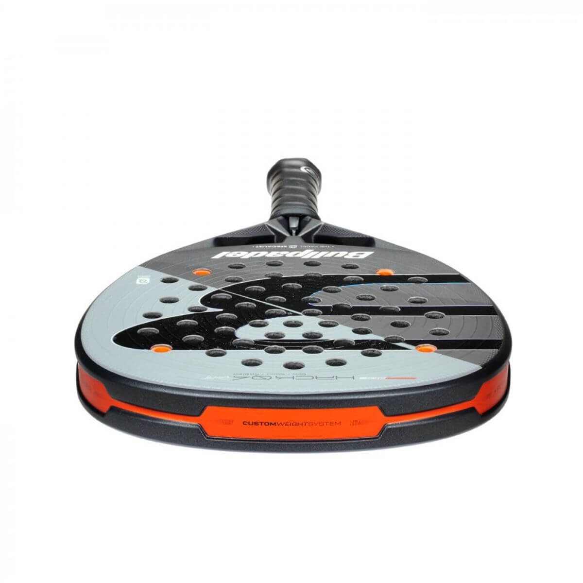 Bovenaanzicht grijs/groene Bullpadel Hack 04 CMF 26 padelracket – diamantvorm met Fibrix-blad, Multieva-kern en 3D Grain. Explosief en snel voor aanvallende spelers.