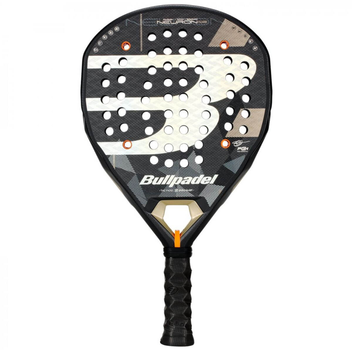 Bullpadel Neuron 02 padelracket – hybride racket met PrismLock-frame, zwart design en 3D ruwe afwerking, ideaal voor controlegerichte spelers.