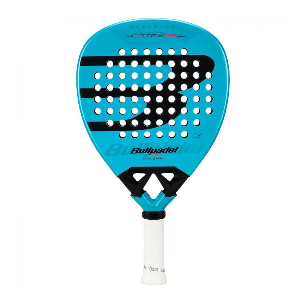 Vooraabzicht Bullpadel Vertex 05 Woman 2025 padelracket – diamantvormig damesracket in modern licht blauw design, licht en wendbaar met ruwe Top Spin-afwerking.