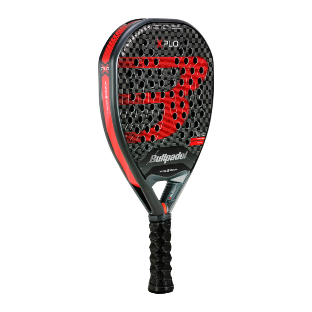 Bullpadel Xplo 25 padel racket zwart met rood logo Bullpadel schuin vooraanzicht