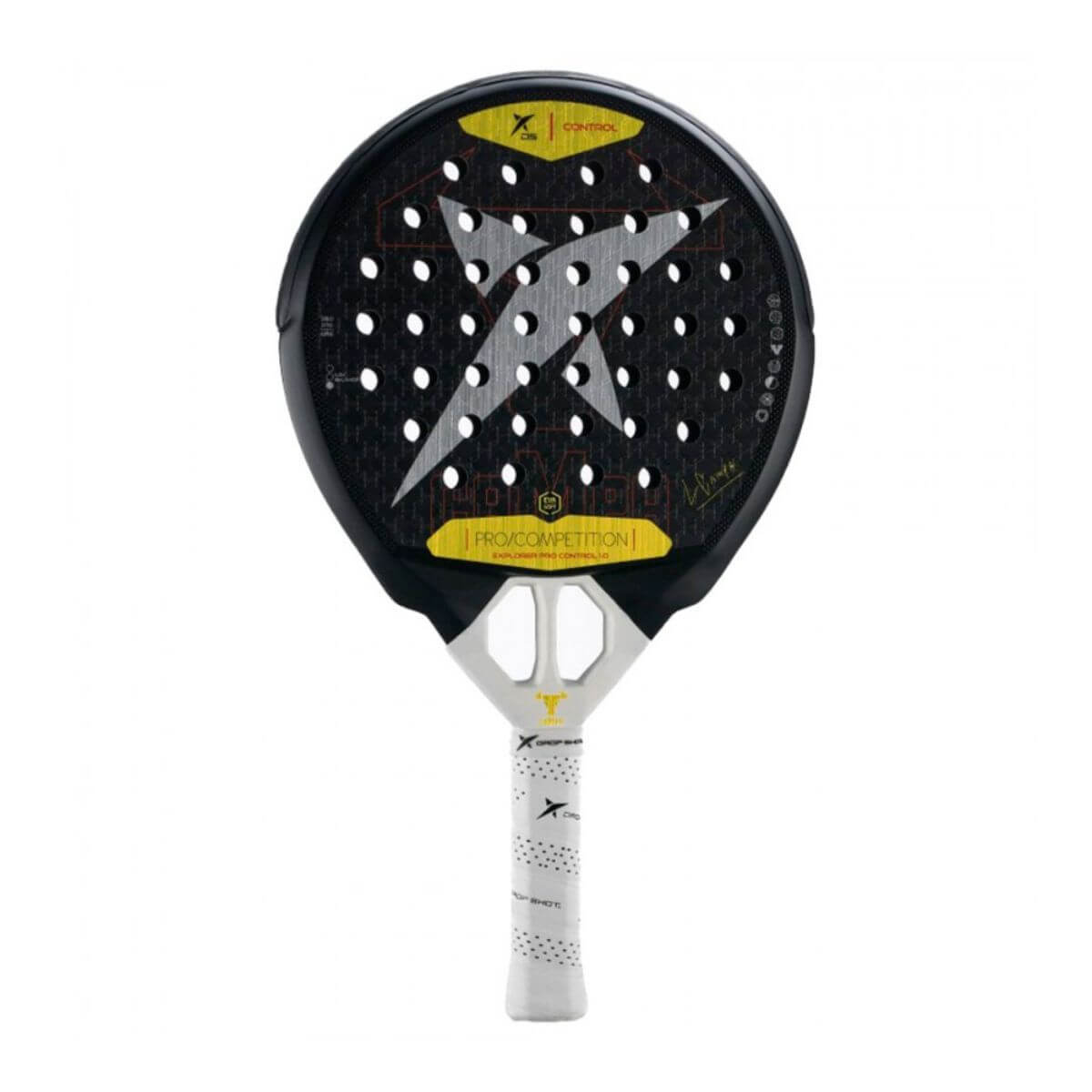 Vooraanzicht Drop Shot Explorer Pro Control 1.0 padelracket, rond zwart-rood design met 12K carbonstructuur.