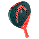 Schuin bovenaanzicht HEAD Radical Motion 2026 – lichtgewicht druppelvormig padel racket zwart met oranje/rood