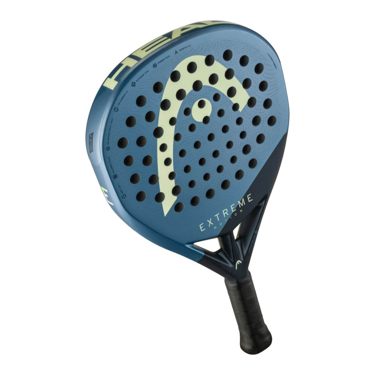 Schuin bovenaanzicht Head Extreme Motion 2025 padelracket, diamantvormig grijs-geel design, lichter dan de Extreme Pro.