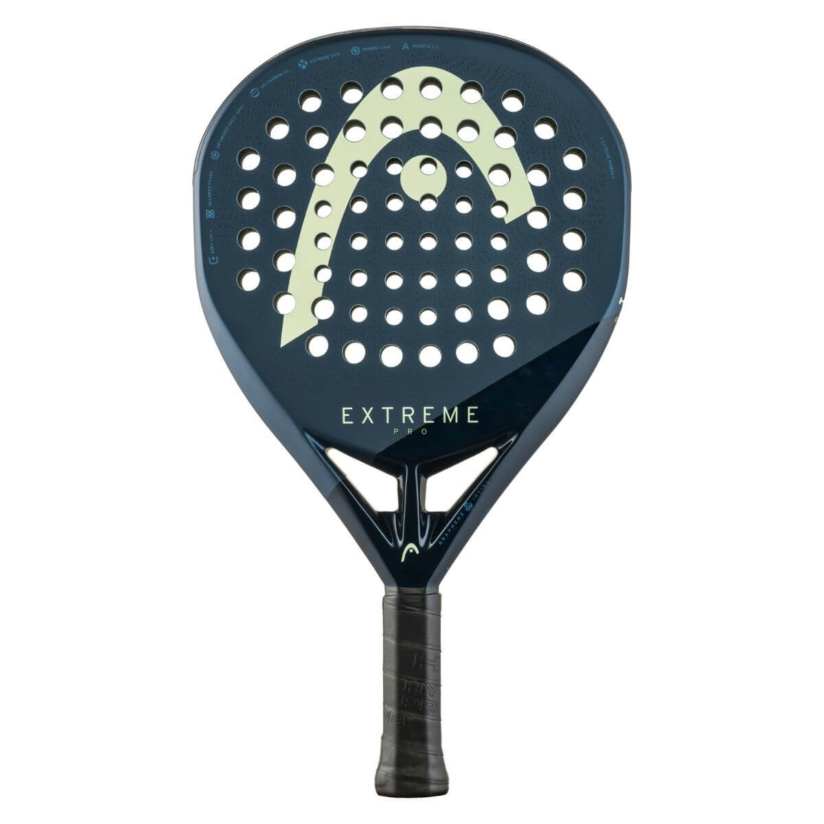 Vooraanzicht Head Extreme Pro 2025 padelracket, diamantvormig zwart-geel design met hybride carbon/fiberglass blad.
