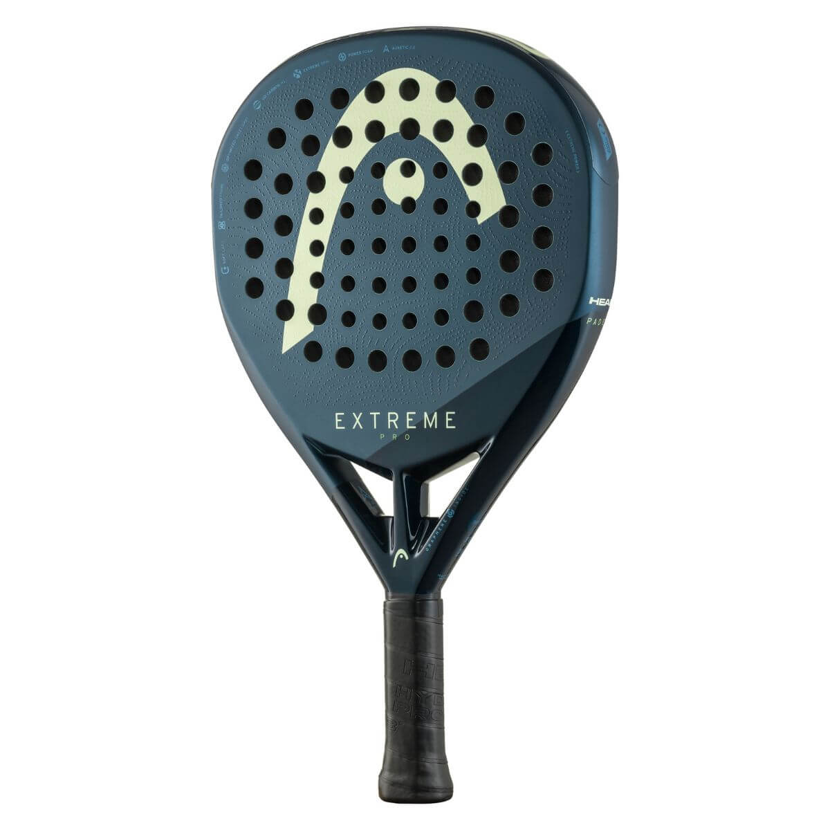 Schuin vooraanzicht Head Extreme Pro 2025 padelracket, diamantvormig zwart-geel design met hybride carbon/fiberglass blad.