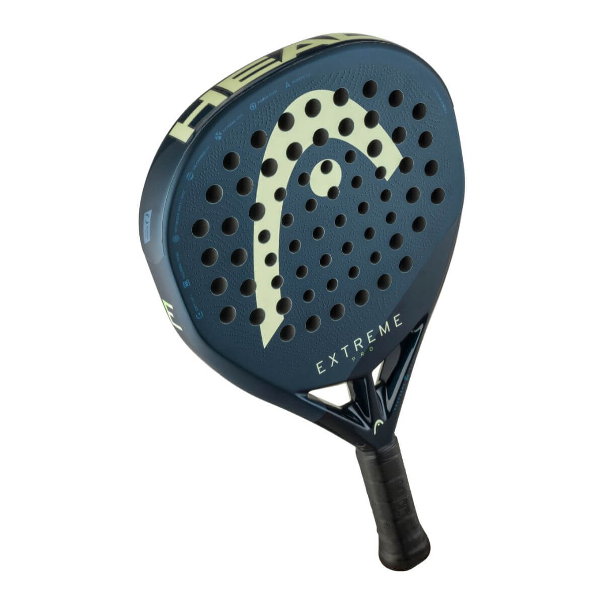 Bovenaanzicht Head Extreme Pro 2025 padelracket, diamantvormig zwart-geel design met hybride carbon/fiberglass blad.