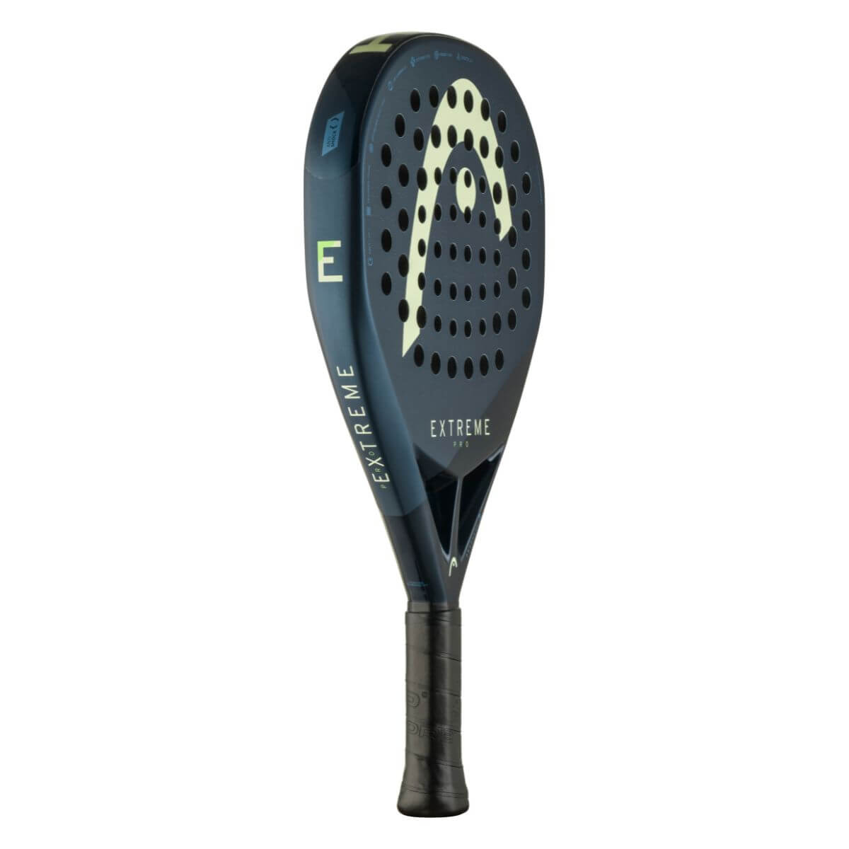 Schuin vooraanzicht Head Extreme Pro 2025 padelracket, diamantvormig zwart-geel design met hybride carbon/fiberglass blad.