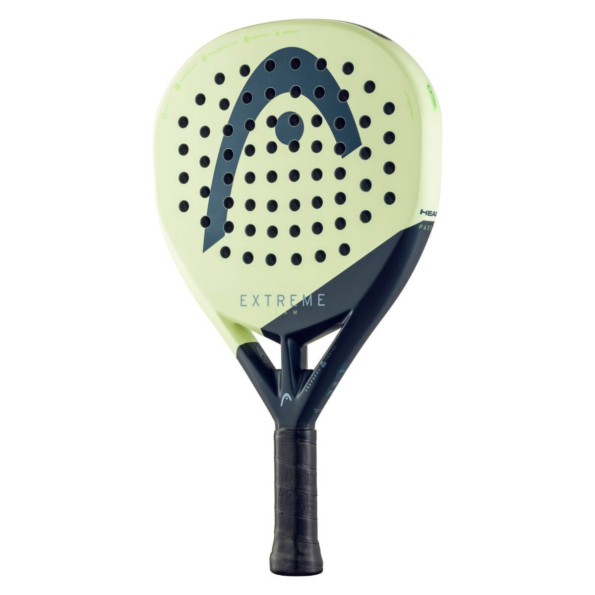 Vooraanzicht Head Extreme Team 2025 padelracket, diamantvormig zwart-geel design met fiberglass blad voor comfort en controle.