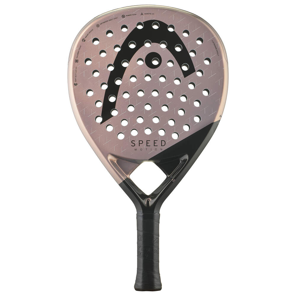 Vooraanzicht van de nieuwe padel racket Head Motion, roos/paars van kleur met in het zwart het logo van Head.