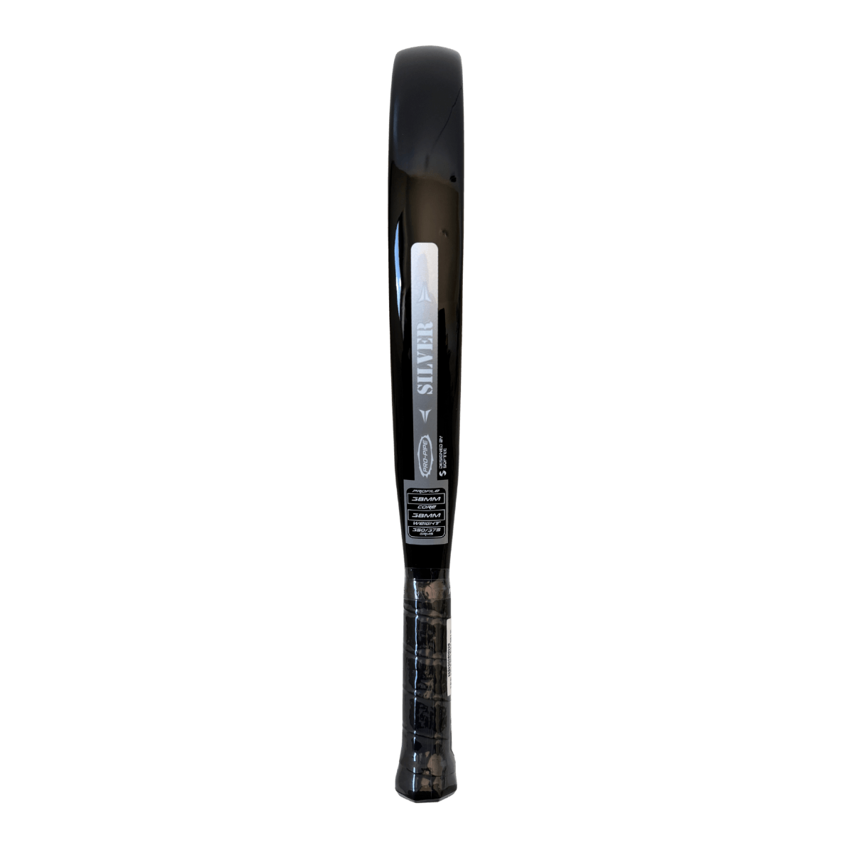 Zwart padel racket met zilveren aap logo Mono Fuerte Silver zijaanzicht