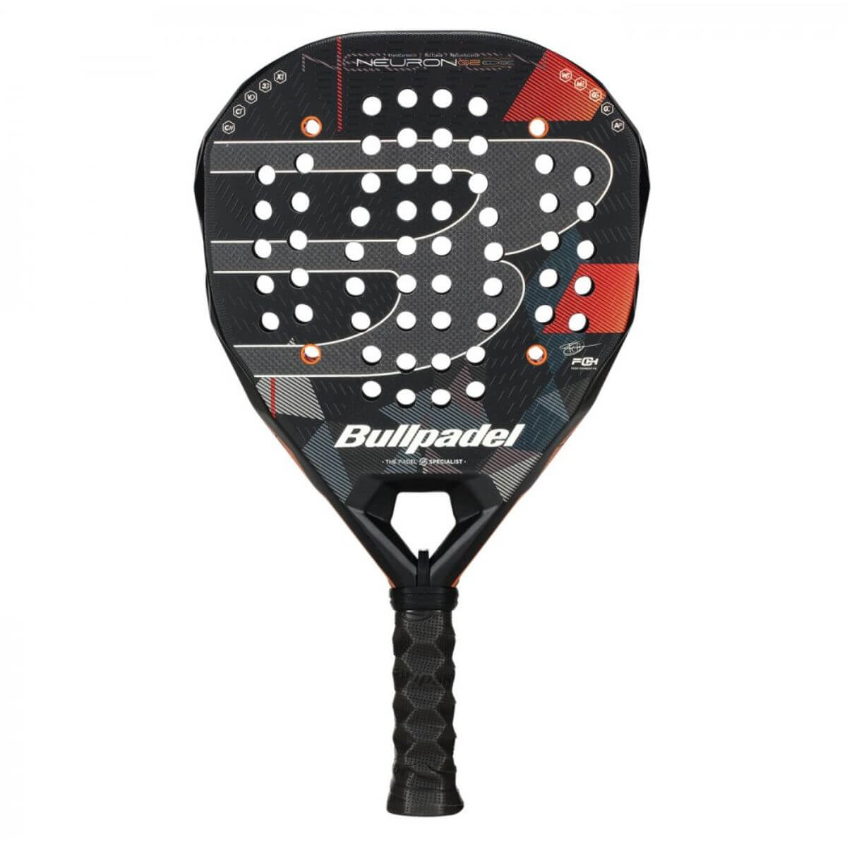Vooraanzicht Bullpadel Neuron 02 Edge padelracket – geometrische vorm, Xtend Carbon 3K en Multieva-kern. Ontworpen voor maximale precisie.