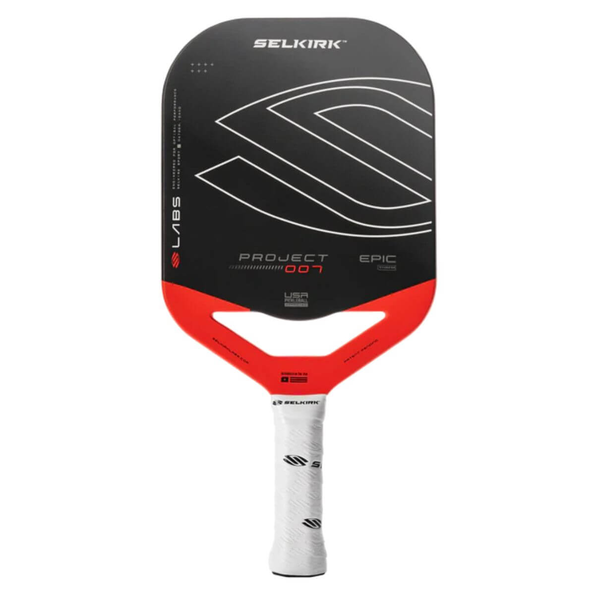 Selkirk LABS Project 007 Epic pickleball zwart paddle met wit handvat en rode accenten – vooraanzicht met InfiniGrit Surface en octagonale grip, ontworpen voor ultieme spin, kracht en controle.