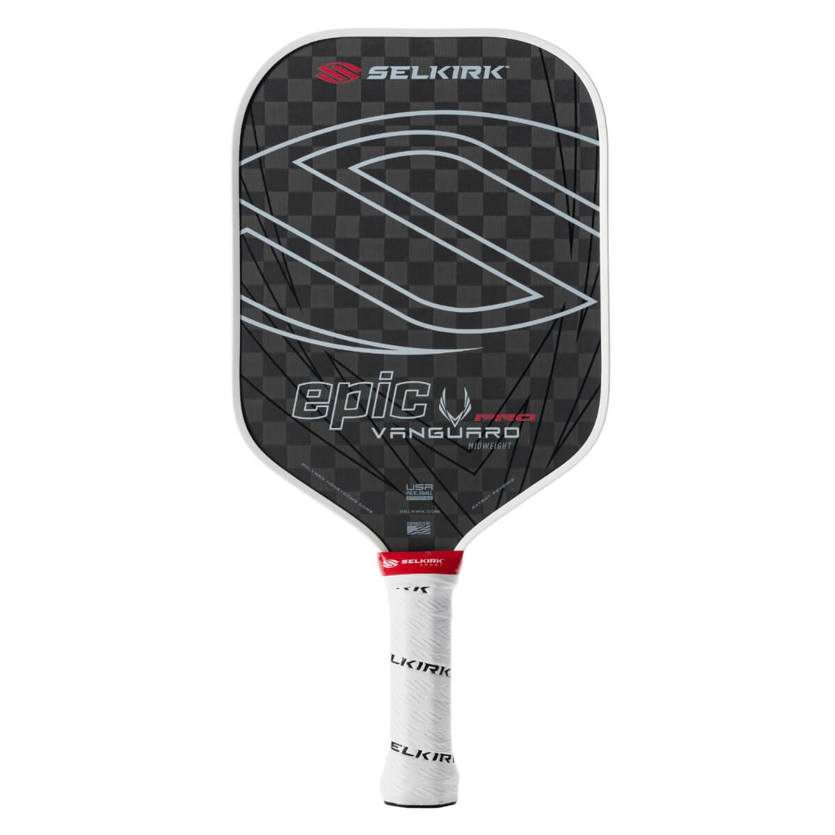 Selkirk Vanguard Pro Epic zwart paddle met wit Selkirk logo, wit handvat en wit opschrift vooraanzicht