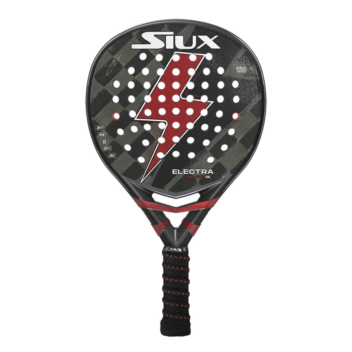 Siux Electra ST3 Pro Special Edition 2025 zwart padel racketmet een rode bliksem erop vooraanzicht