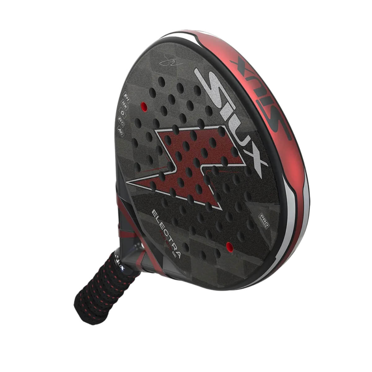 Siux Electra ST3 Pro Special Edition 2025 zwart padel racketmet een rode bliksem erop schuin bovenaanzicht