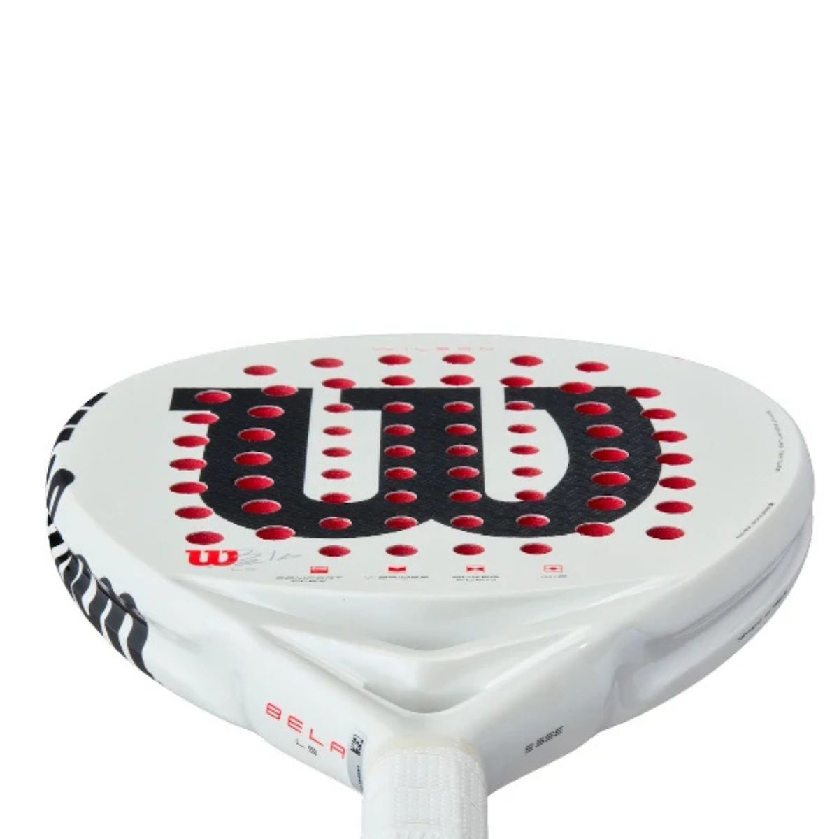 Onderaanzicht Wilson Bela LS V3 witte padel racket met zwart Wilson logo