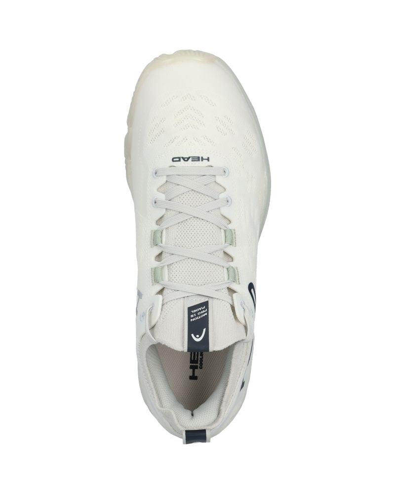 Bovenaanzicht witte padel schoenen met donker blauw tekst HEAD