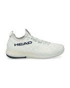 Rechts zijaanzicht witte padel schoenen met donker blauw tekst HEAD