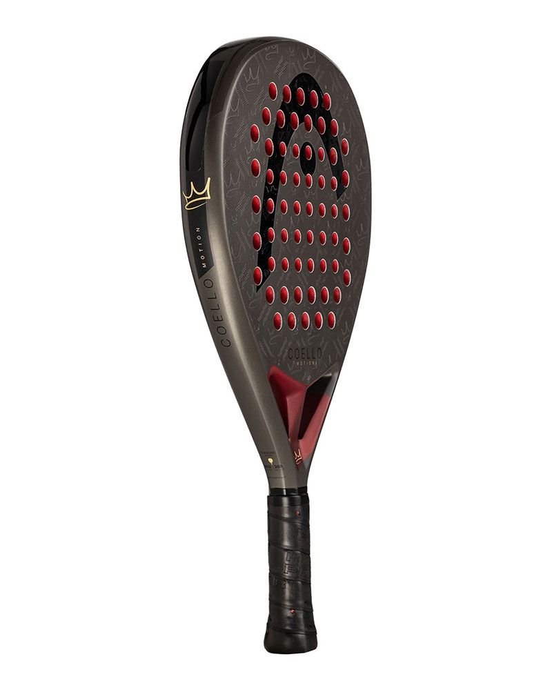 Zijaanzicht Head Coello Motion 2026 donker grijs padel racket met zwart Head logo en rode accenten.