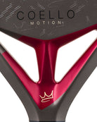 Detail kader Head Coello Motion 2026 donker grijs padel racket met zwart Head logo en rode accenten.