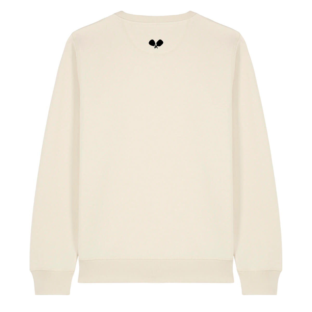 Beige sweater met zwart logo pace centraal bovenaan op de achterzijde