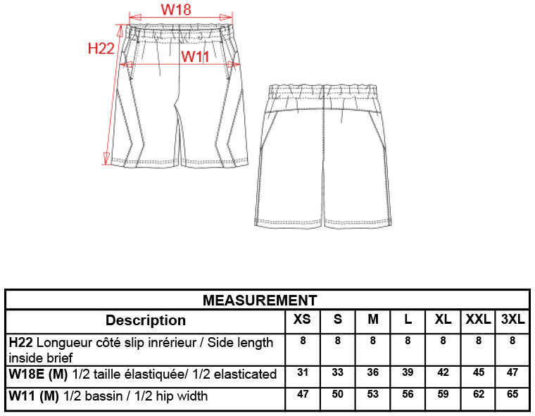 Pace short maattabel